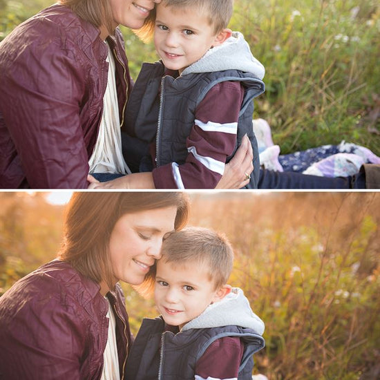 A before after image of a mother and son sitting in a field of wildflowers with the after image showcasing the effects of the Fall into Fall Photoshop Actions or Lightroom Presets with the second image adding warmth and yellow and orange and red tones to the original green tones of the original image.
