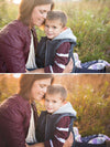 A before after image of a mother and son sitting in a field of wildflowers with the after image showcasing the effects of the Fall into Fall Photoshop Actions or Lightroom Presets with the second image adding warmth and yellow and orange and red tones to the original green tones of the original image.