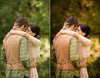 A before and after image of a couple in a forest setting demonstrating the effects of the  Pure Fall into Fall Photoshop Action Lightroom Preset set with the after image showcasing a more richly toned, warm, fall inspired image with orange and yellow tones overtaking the predominate green hues of the original.