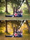 A before and after image of a family in a forest setting showcasing the effects of the Pure Fall into Fall Photoshop Actions Lightroom Presets  set. The after image has more warmth and orange, red, and yellow hues compared to the original green hues of the original before image.