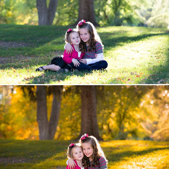 Before after image of sisters sitting in a tree filled setting showcasing the effects of the Pure Fall into Fall Photoshop Action Lightroom Preset sets.  The after photo is warm and orange, yellow, and red toned versus the green tones of the original image.