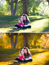 Before after image of sisters sitting in a tree filled setting showcasing the effects of the Pure Fall into Fall Photoshop Action Lightroom Preset sets.  The after photo is warm and orange, yellow, and red toned versus the green tones of the original image.
