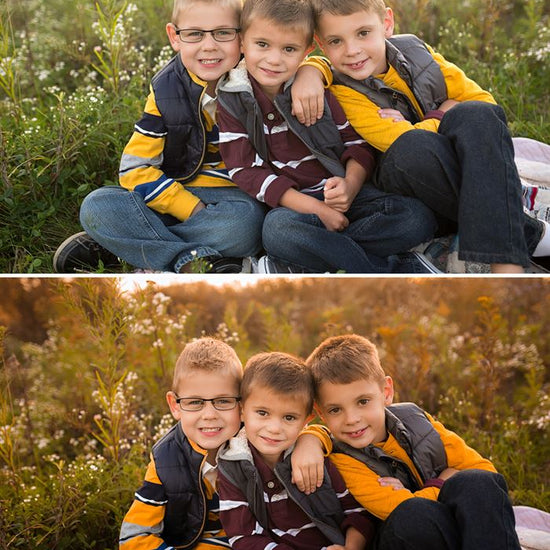 A before and after image of three young boys in a field of wildflowers smiling at the camera for the photograph. The after image showcases the effects of the Fall into Fall Photoshop Action set Lightroom Preset set with a warm and fall inspired tone with red, orange, and yellow tones and warmth vs the original green tones.