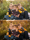 A before and after image of three young boys in a field of wildflowers smiling at the camera for the photograph. The after image showcases the effects of the Fall into Fall Photoshop Action set Lightroom Preset set with a warm and fall inspired tone with red, orange, and yellow tones and warmth vs the original green tones.