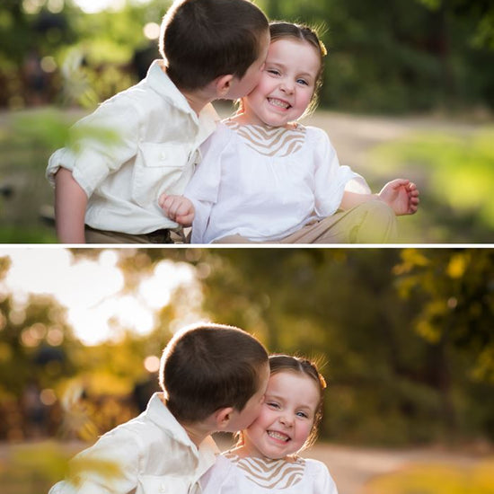 A before after image of a brother and sister in a forest with the after image showcasing the effects of the Pure Fall into Fall Photoshop Actions Lightroom Preset sets.  It is much warmer and fall-inspired with red, orange, and yellow hues predominating over the green and blue tones of the original photo.