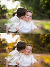 A before after image of a brother and sister in a forest with the after image showcasing the effects of the Pure Fall into Fall Photoshop Actions Lightroom Preset sets.  It is much warmer and fall-inspired with red, orange, and yellow hues predominating over the green and blue tones of the original photo.