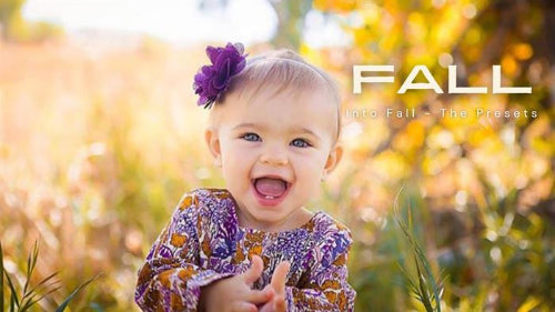 A photo of a baby sitting in tall grass.  The after image showcases the effects of the Fall into Fall Photoshop Action and Lightroom Preset sets.  It is warmer and replaces the green tones of the original image with more yellow, orange, and red hues and tones for a more autumn like appearance.