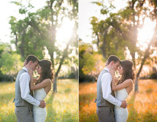 A before after image of a bride and groom in a field of flowers showcasing the effects of the Pure Fall into Fall Photoshop Action Lightroom Preset set with the after image having warmth and orange, yellow, red tones compared to the green and blue hues of the original image.