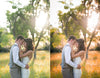 A before after image of a bride and groom in a field of flowers showcasing the effects of the Pure Fall into Fall Photoshop Action Lightroom Preset set with the after image having warmth and orange, yellow, red tones compared to the green and blue hues of the original image.
