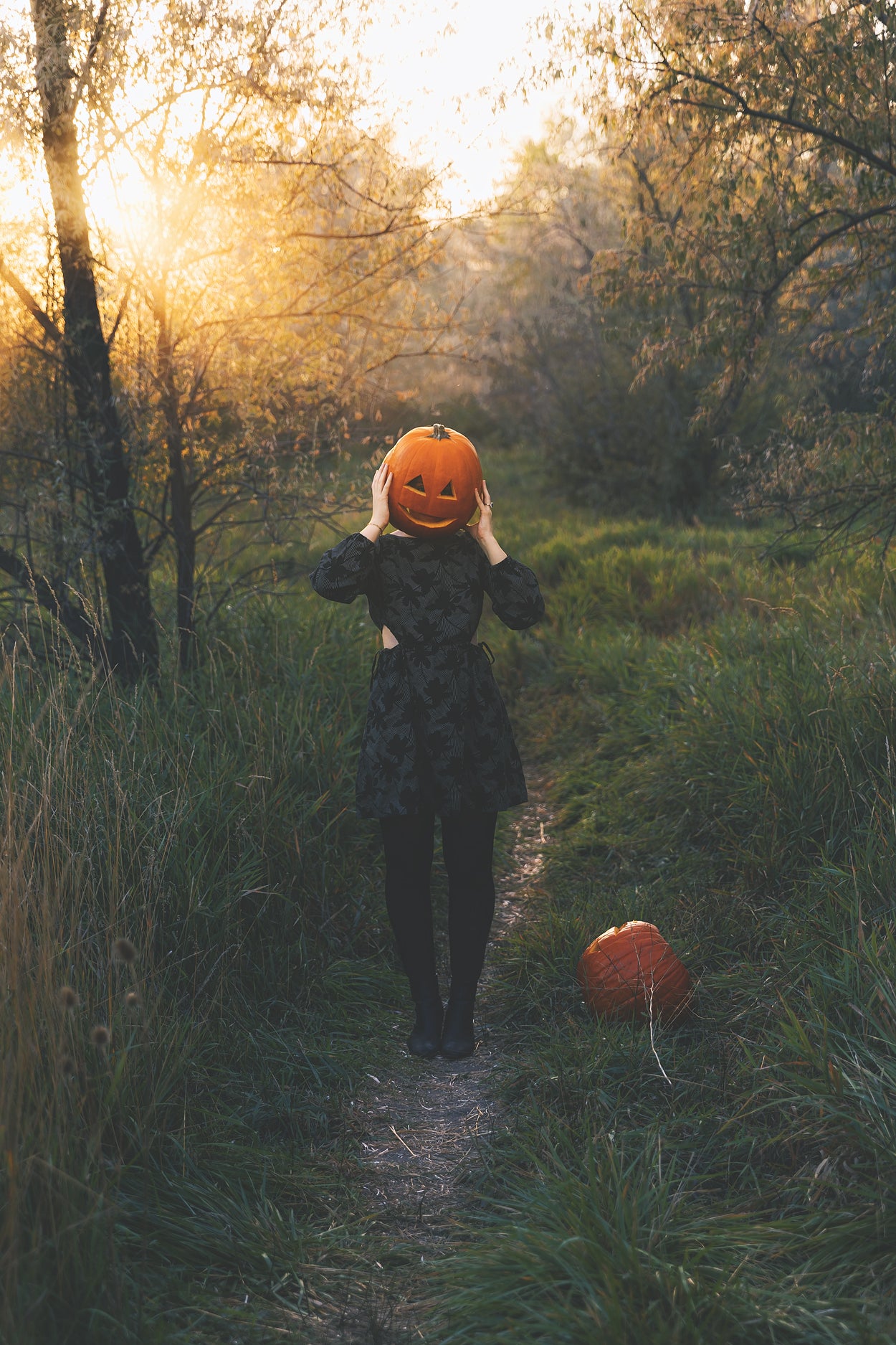 An image of a young woman in a black dress stanting in an autumn looking field with a carved jack o lantern pumpkin on her head and her hands up on her pumpkin head.  The image is edited with Pure Fall Festival Lightroom Presets.