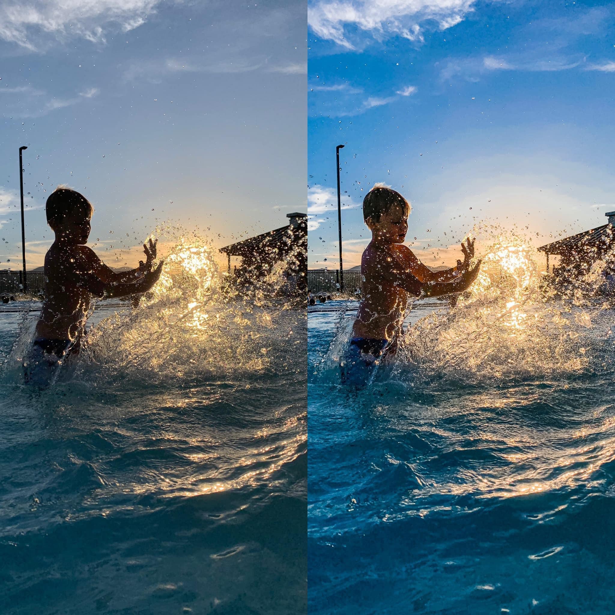 A before and after of a young boy backlit in a pool, splashing water.  Edited with Pure Mobile Lightroom presets. The after image showcases the effects of the Pure Mobile Lightroom Presets.  The water is bluer, the contrast is more dramatic and the sky looks very dramatic and blue.