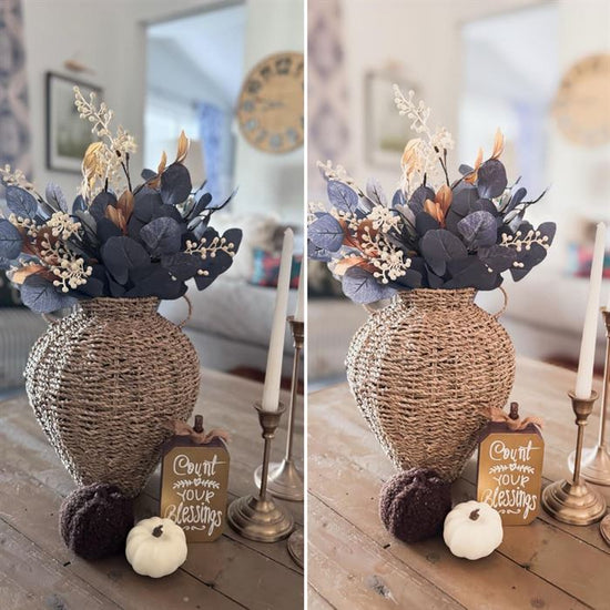 A before and after showing the effects of the Pure Clean Lightroom Mobile Presets.  Some home decor on a table.