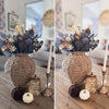 A before and after showing the effects of the Pure Clean Lightroom Mobile Presets.  Some home decor on a table.