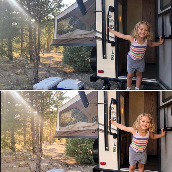 A before and after showing the effects of the Pure Clean Lightroom Mobile Presets.  A girl in a camper.