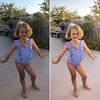 A before and after showing the effects of the Pure Clean Lightroom Mobile Presets.  A girl posing for the camera