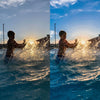A before and after showing the effects of the Pure Clean Lightroom Mobile Presets.  A boy splashing water.