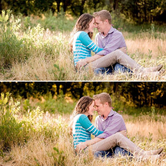 A before and after showing the effects of the Pure Clean Lightroom Mobile Presets.  A couple cuddling.