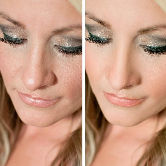A before and after photo demonstrating the skin retouching techniques using Pure Retouch Photoshop actions and instructional videos.  A woman looking down with visibly smoother and more even skin in the after photo.