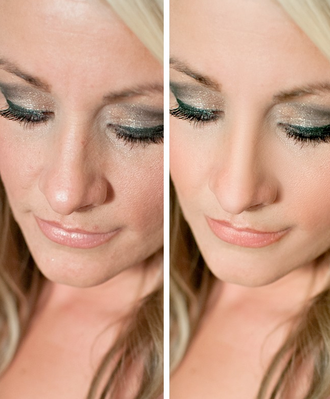 A before and after photo demonstrating the skin retouching techniques using Pure Retouch Photoshop actions and instructional videos.  A woman looking down with visibly smoother and more even skin in the after photo.