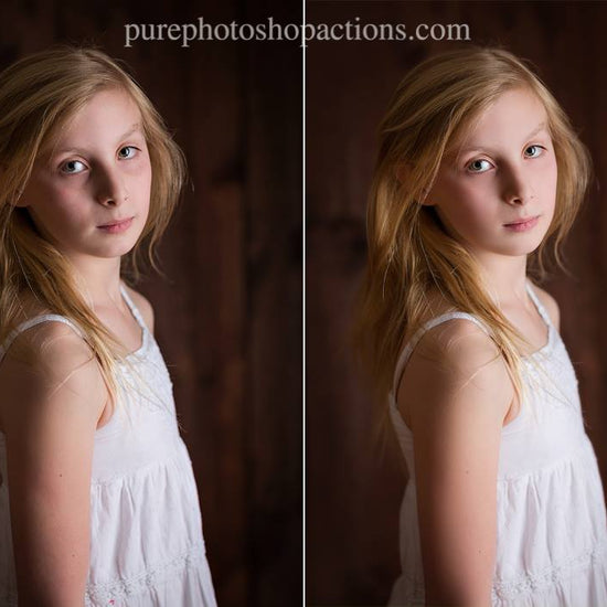 A before after of a young girl demonstrating the Pure Retouch Photoshop technique.  The after has much more even skin tone and no under eye circles.
