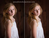 A before after of a young girl demonstrating the Pure Retouch Photoshop technique.  The after has much more even skin tone and no under eye circles.