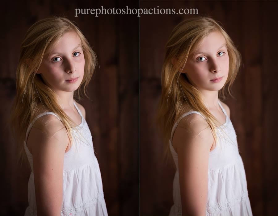 A before after of a young girl demonstrating the Pure Retouch Photoshop technique.  The after has much more even skin tone and no under eye circles.