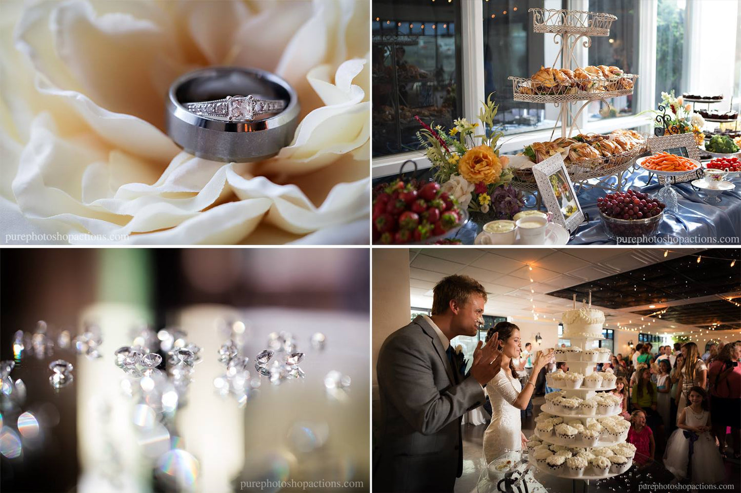 A collage of wedding details edited with Pure Essential Edit Photoshop Actions.