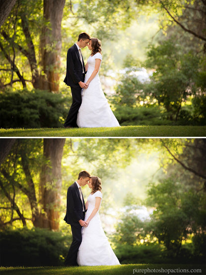 An image of a couple standing i n a forrest edited using Pure Essential Edit Photoshop Actions and Lightroom Presets.