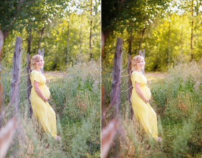 An image of a pregnant woman in a yellow dress standing in front of a wire farm fence in tall weeds edited using Pure Essential Edit Photoshop Actions and Lightroom Presets.