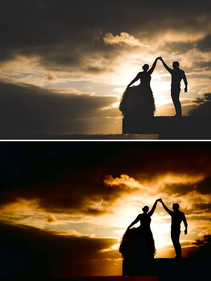 A silhouette image of a couple dancing on a beach edited using the Pure Essential Edit Photoshop Actions and Lightroom Presets.