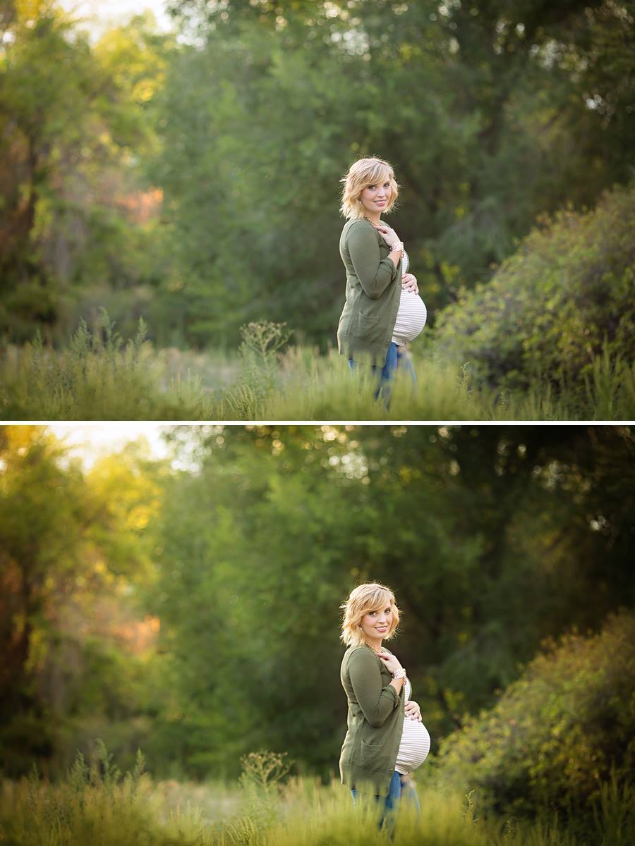 An image of a pregnant woman standing in tall grass with lots of trees edited with Pure Essential Edit Photoshop Actions and Lightroom Presets.
