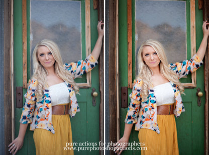 An image of a young woman standing in front of a green door edited with Pure Essential Edit Photoshop Actions and Lightroom Presets.