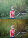 An image of a young boy standing in tall grass edited using Pure Fall into Fall Photoshop Actions and Lightroom Presets.