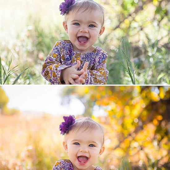 An image of a happy baby clapping in tall grass edited using Pure Fall into Fall Photoshop Actions and Lightroom Presets.