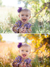 An image of a happy baby clapping in tall grass edited using Pure Fall into Fall Photoshop Actions and Lightroom Presets.