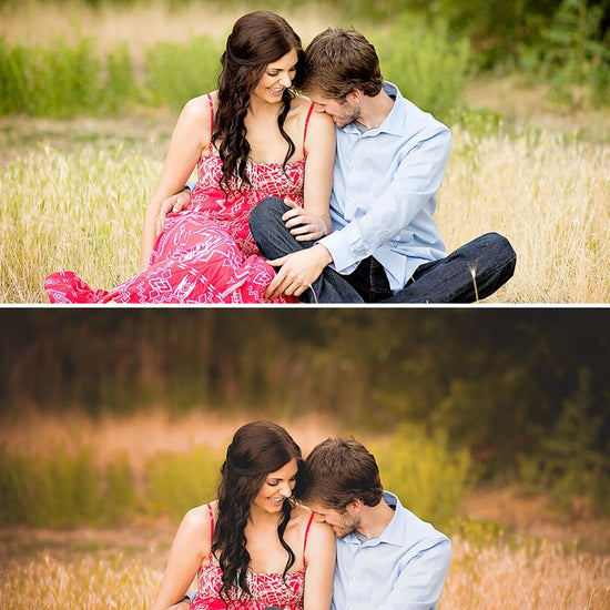 An image of a couple sitting in tall grass edited using Pure Fall into Fall Photoshop Actions and Lightroom Presets.