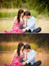An image of a couple sitting in tall grass edited using Pure Fall into Fall Photoshop Actions and Lightroom Presets.