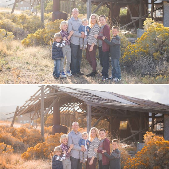 An image of a family standing in front of an old abandoned barn with tall weeds edited using the Pure Fall into Fall Photoshop Actions and Lightroom Presets.