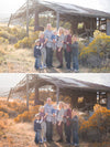 An image of a family standing in front of an old abandoned barn with tall weeds edited using the Pure Fall into Fall Photoshop Actions and Lightroom Presets.