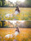 An image of a bride sitting in a field of wild flowers edited using Pure Fall into fall Photoshop Actions and Lightroom Presets.