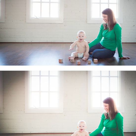 An image of a mother and a baby playing with blocks in front of a large window edited using Pure Lightroom Presets set 1.