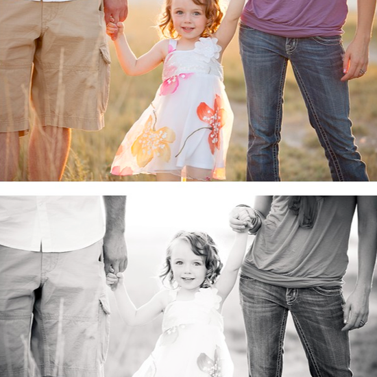 Two images of a couple holding hands with a young girl in rich backlight edited in color and black and white using Pure Presets 2 
