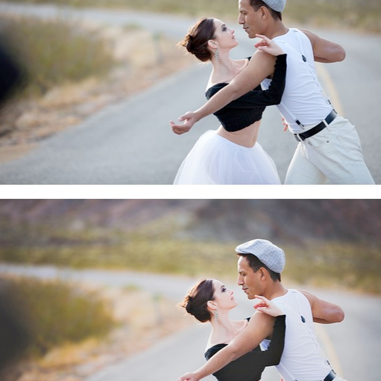 An image of a Dance couple standing in a rural road edited using Pure Lightroom Presets set 2.