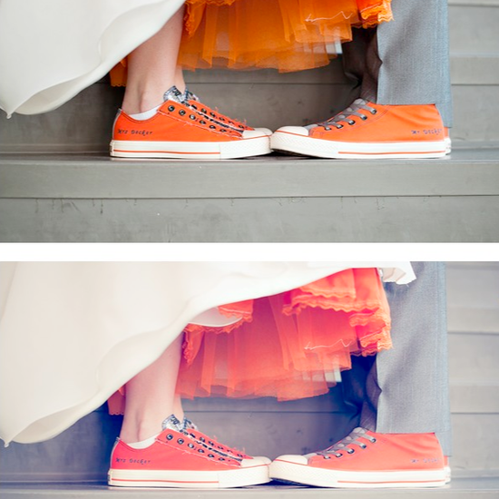 An image of a bride and groom standing on stairs with a close up of their shoes which are both orange converse shoes and the bride has her orange petticoat showing.  Edited using Pure Lightroom Presets set 2.