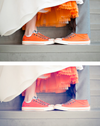 An image of a bride and groom standing on stairs with a close up of their shoes which are both orange converse shoes and the bride has her orange petticoat showing.  Edited using Pure Lightroom Presets set 2.