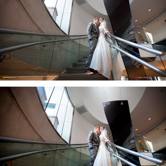 An image of a bride and groom standing on curved staircases edited using Pure Lightroom Presets set 2.