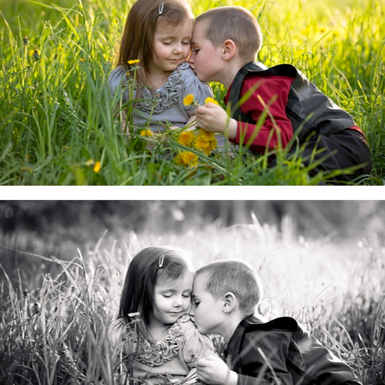An image of a brother and sister sitting a tall grass and dandelions edited in Black and White edited with Pure Lightroom Presets volume 2 