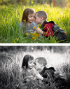 An image of a brother and sister sitting a tall grass and dandelions edited in Black and White edited with Pure Lightroom Presets volume 2 