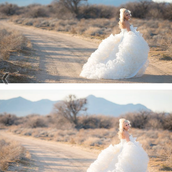 An image of a bride in a fluffy wedding dress walking down a dirt road edited using Pure Lightroom Presets volume 2.
