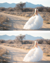 An image of a bride in a fluffy wedding dress walking down a dirt road edited using Pure Lightroom Presets volume 2.